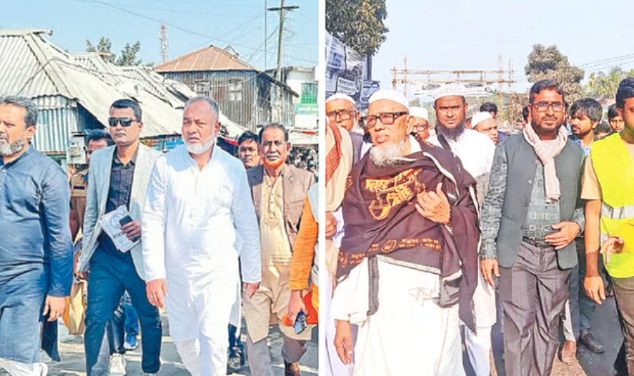 নির্বাচনী প্রচারে গোপালগঞ্জ–৩ আসনে বিএনপির প্রার্থী এস এম জিলানী (বাঁয়ে) ও জামায়াতের প্রার্থী মুহাম্মাদ আবদুল হামীদ (ডানে)