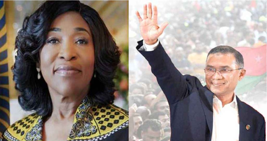 বাঁয়ে কমনওয়েলথ মহাসচিব শার্লি বোচওয়ে, ডানে বিএনপির চেয়ারম্যান তারেক রহমান। ছবি সংগৃহীত 